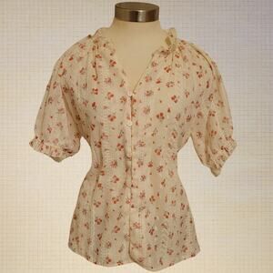 Floral Print Ruffle Trim Embroidered Button Front Blouse Ivory Womens Size 4-6